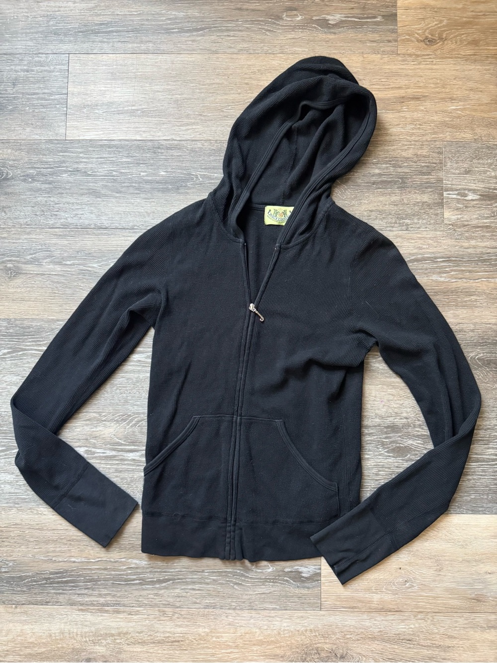 Vintage Juicy Couture Black Thermal Waffle Knit Zip Hoodie Y2K Size L